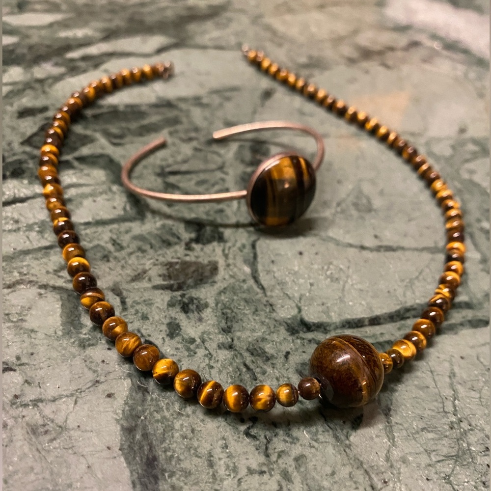 Genuine Tigers Eye Necklace & Bracelet Set Sterling